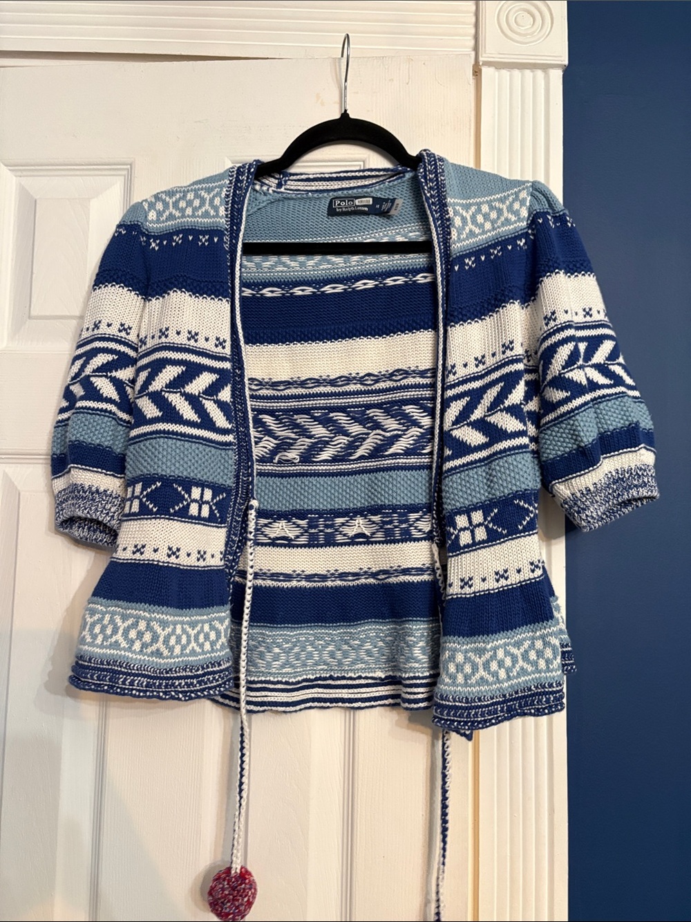 Polo Ralph Lauren Geo-Stripe Pom-Pom Linen-Blend Cardigan - size M - Picture 7 of 8